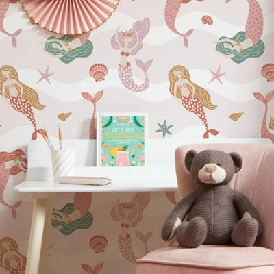 Mermaid Friends Wallpaper in Pink