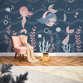 Mermaid Waves Mural in Navy Blue and Pink (300cm x 240cm)