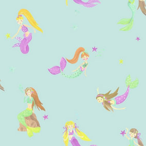Mermaid World Wallpaper Arthouse Teal Pink Glitter Girls Kids Children's Bedroom