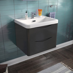 Merton 600mm Bathroom Wall Hung Basin Vanity Unit Dark Grey 2 Drawers Soft Close