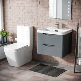 Merton 600mm Wall Hung Vanity Basin Unit & Square Rimless Close Coupled Toilet Grey