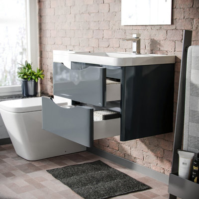 Merton 600mm Wall Hung Vanity Basin Unit & Square Rimless Close Coupled Toilet Grey