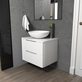 Merton White 600mm Bathroom Wall Hung Vanity Unit With Round Ceramic Countertop