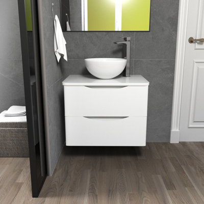 Merton White 600mm Bathroom Wall Hung Vanity with Round Ceramic Countertop Basin