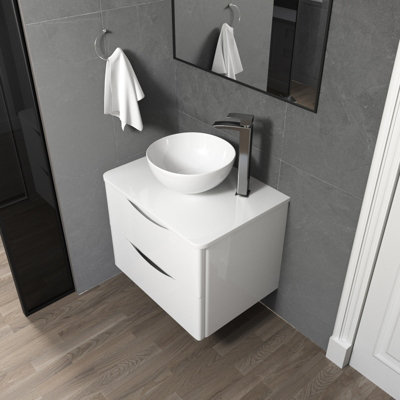 Merton White 600mm Bathroom Wall Hung Vanity with Round Ceramic Countertop Basin