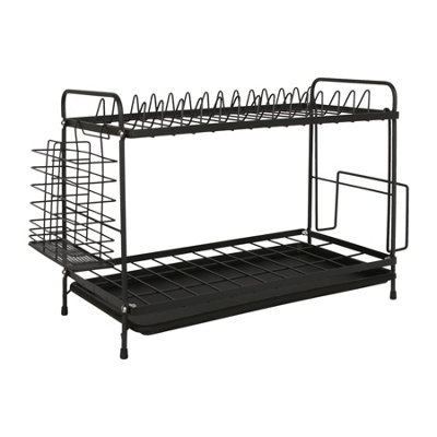 Metal 2-Tier Kitchen Dish Drainer Rack with Drip Tray Drying Storage Sink Board - Black