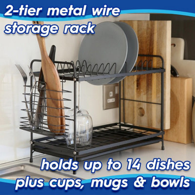 Metal 2-Tier Kitchen Dish Drainer Rack with Drip Tray Drying Storage Sink Board - Black