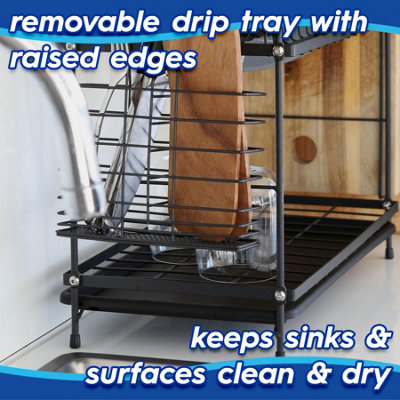 Metal 2-Tier Kitchen Dish Drainer Rack with Drip Tray Drying Storage Sink Board - Black