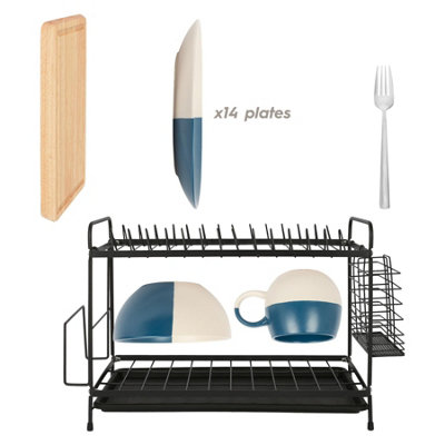 Metal 2-Tier Kitchen Dish Drainer Rack with Drip Tray Drying Storage Sink Board - Black