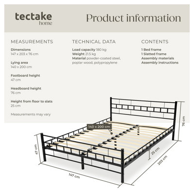 tectake Metalen bed met lattenbodem in modern ontwerp, 200 x 180 cm, Zwart | Leen Bakker