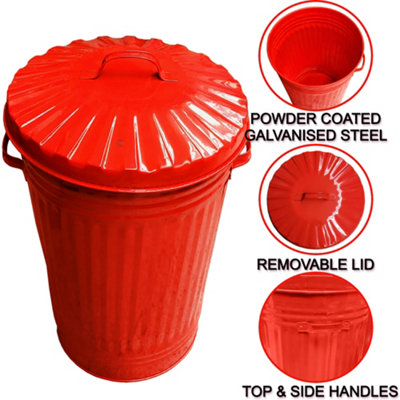 Metal Bin Retro Dustbin Waste Bin Animal Feed or Fire Bin - Outdoor or Indoor Bin, Red Tall Tapered Steel Bin 45L