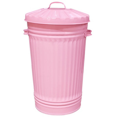 Metal Bin Retro Dustbin Waste Rubbish Bin Rubbish Waste Animal Feed Outdoor or Indoor Bin, Baby Pink Slim Tall Tapered Steel Bin