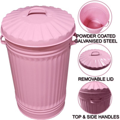 Metal Bin Retro Dustbin Waste Rubbish Bin Rubbish Waste Animal Feed Outdoor or Indoor Bin, Baby Pink Slim Tall Tapered Steel Bin