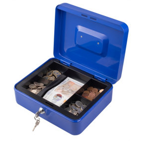 Metal Cash Box Money Bank Deposit Steel Tin Security Safe Petty Key Lockable - 10" Blue