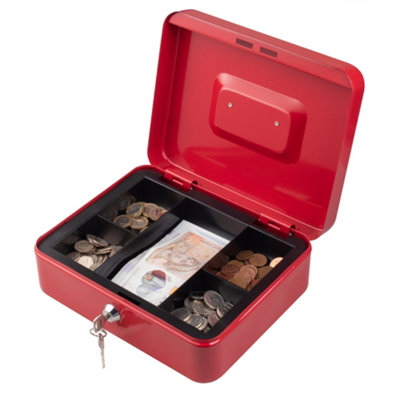 Metal Cash Box Money Bank Deposit Steel Tin Security Safe Petty Key Lockable - 10" Red