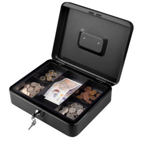 Metal Cash Box Money Bank Deposit Steel Tin Security Safe Petty Key Lockable - 12" Black