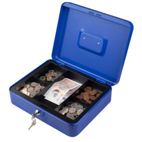 Metal Cash Box Money Bank Deposit Steel Tin Security Safe Petty Key Lockable - 12" Blue