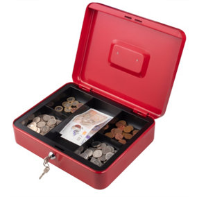 Metal Cash Box Money Bank Deposit Steel Tin Security Safe Petty Key Lockable - 12" Red