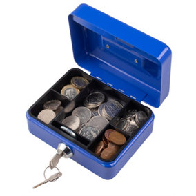 Metal Cash Box Money Bank Deposit Steel Tin Security Safe Petty Key Lockable - 4" Blue
