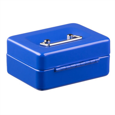 Metal Cash Box Money Bank Deposit Steel Tin Security Safe Petty Key Lockable - 4" Blue