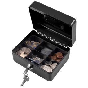Metal Cash Box Money Bank Deposit Steel Tin Security Safe Petty Key Lockable - 6" Black
