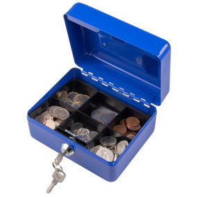 Metal Cash Box Money Bank Deposit Steel Tin Security Safe Petty Key Lockable - 6" Blue