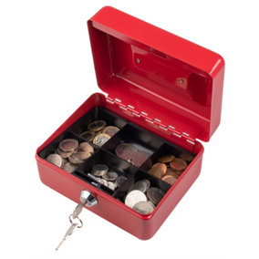 Metal Cash Box Money Bank Deposit Steel Tin Security Safe Petty Key Lockable - 6" Red