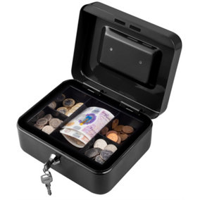 Metal Cash Box Money Bank Deposit Steel Tin Security Safe Petty Key Lockable - 8" Black