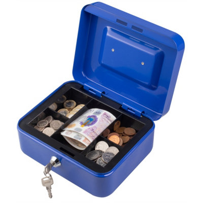 Metal Cash Box Money Bank Deposit Steel Tin Security Safe Petty Key Lockable - 8" Blue