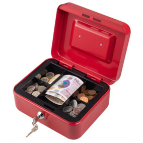 Metal Cash Box Money Bank Deposit Steel Tin Security Safe Petty Key Lockable - 8" Red