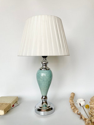 Metal Cermaic Base With A Soft White Fabric Shade Light Teal Decanter Vase T064