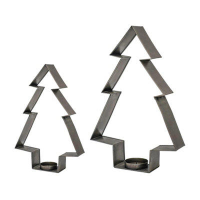 Metal Christmas Tree Pillar Candle Holder Pewter Set of 2