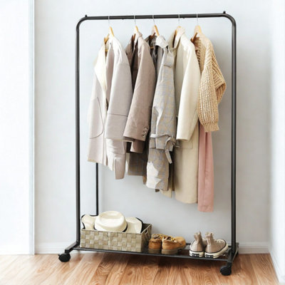 Metal Clothes Rack Rail on Wheels With Storage Shelf