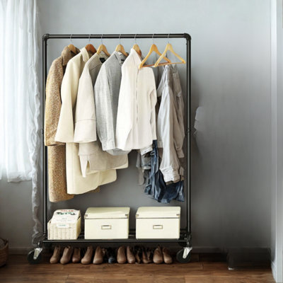 Metal Clothes Rack Rail on Wheels With Storage Shelf