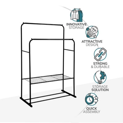 Metal Clothes Rail with Shoe Rack - 2 Tier Double Rail Wardrobe Replacement - Clothes Storage & Organiser - 3