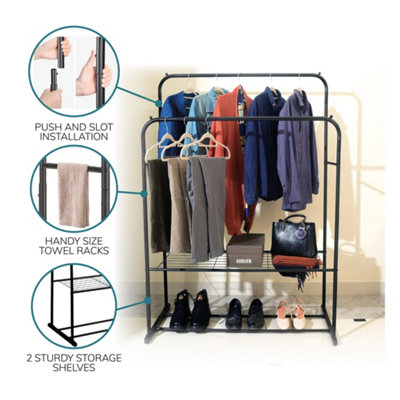 Metal Clothes Rail with Shoe Rack - 2 Tier Double Rail Wardrobe Replacement - Clothes Storage & Organiser - 4
