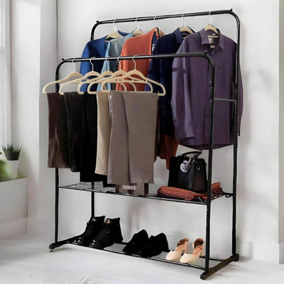 Metal Clothes Rail with Shoe Rack - 2 Tier Double Rail Wardrobe Replacement - Clothes Storage & Organiser - 6