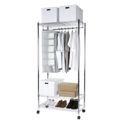 Metal Clothes Trolley Rail on Castor Wheels, Chrome Finish