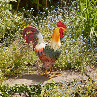 Metal Cockerel Ornament, Bird Statue, Outdoor Painted Sculpture for Pathways, Patios & Borders, Height 46.5cm