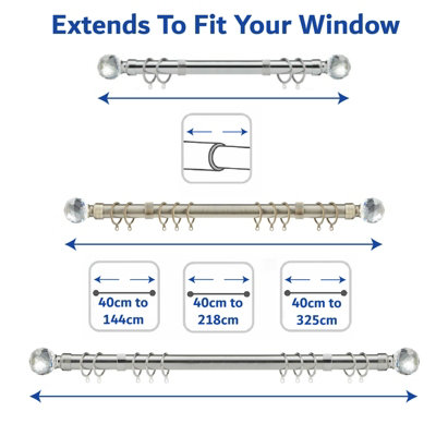 Metal Curtain Pole Set Extendable 40cm to  144 cm Satin Nickel Curtain Rail 25mm
