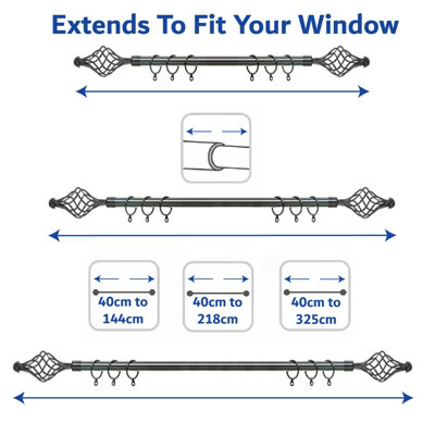 Metal Curtain Pole Set Extendable 40cm to 144cm Black Nickel Curtain Rail 19mm