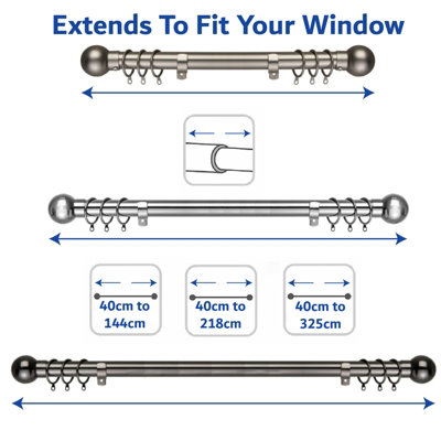 Metal Curtain Pole Set Extendable 40cm to 144cm Chrome 25mm Curtain ...