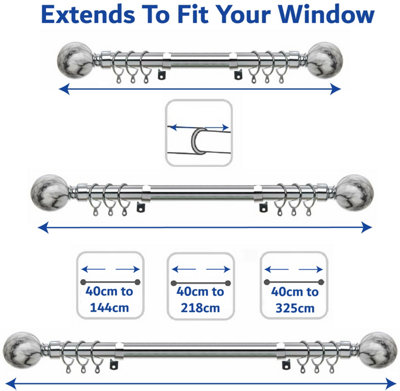 Metal Curtain Pole Set Extendable 40cm to 144cm Marble Chrome Curtain Rail 25mm