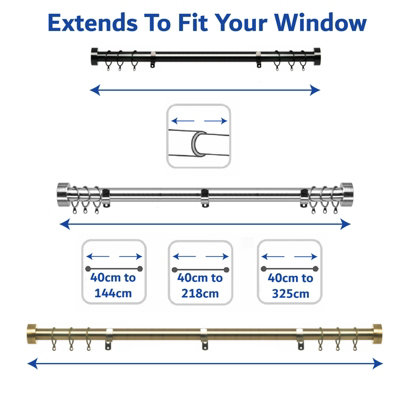 Metal Curtain Pole Set Extendable 40cm to 325cm Black Nickel Curtain Rail 25cm