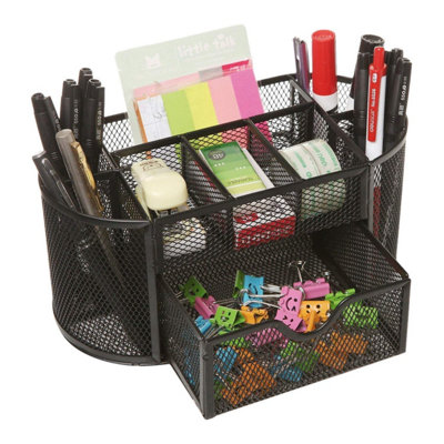 Metal Desk Tidy Organiser Set - Multi-Functional Caddy Tray Office Table Tidy Organiser - Stationery Holder Pencil Pot - Black