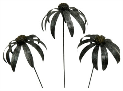 Metal Echinacea Daisy Flower Ornament on 100cm stick - Set of 3 Silver