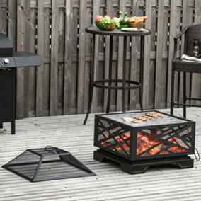 Metal Firepit Outdoor 2 in 1 Square Fire Pit Brazier w/ Grill Shelf, Lid, Poker for Backyard,BBQ, Bonfire, Wood Burning Stove