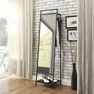Metal Floor Mirror with Coat Clothes Rack Black 163cm H