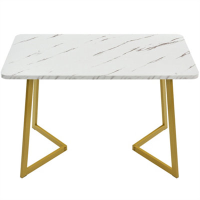 Metal Frame Rectangular Dining Table Modern Marble Pattern Kitchen Table with Metal Legs, White, Golden/White