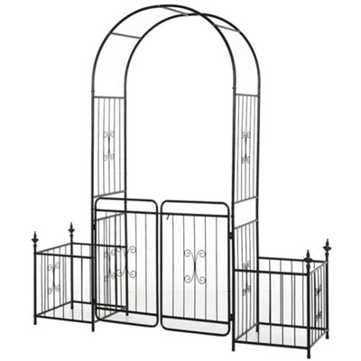 Metal Garden Arbor Arch with Double Doors, 2 Side Planter Baskets ...